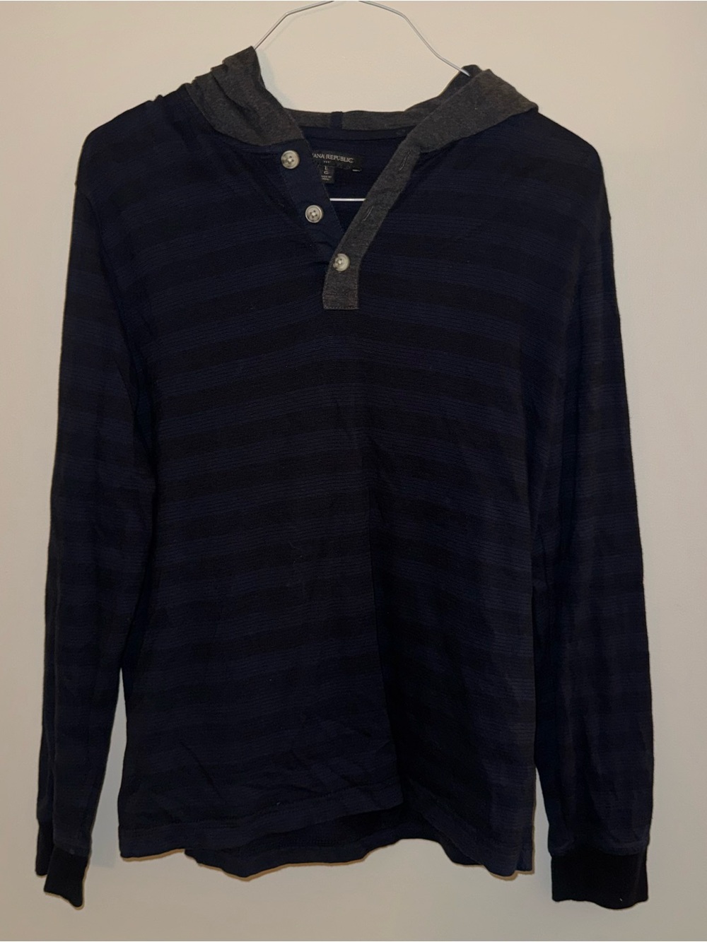 Banana Republic Striped Hooded Henley Shirt - Navy & Charcoal